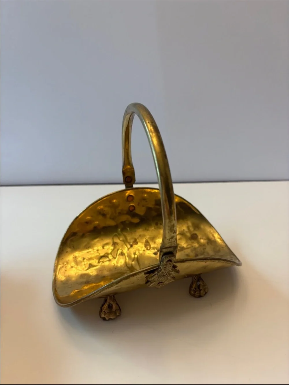 Vintage footed hammered brass mini basket/ mini log holder